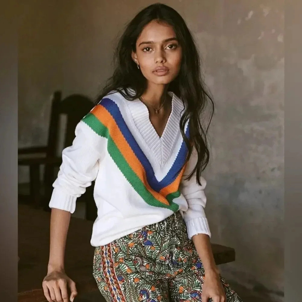 Tory Burch Colorful Striped Merino Wool V Neck Colorful Sweater- XXS